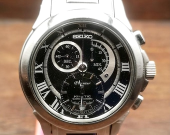 Reloj de cuarzo vintage Seiko Premier Kinetic Chronograph para hombre. Cristal de zafiro.