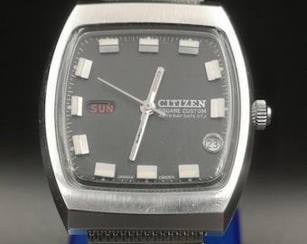 Vintage and Rare Citizen Square Custom Auto Day Date 27 jewels Automatic men watch. 4-521307 Y