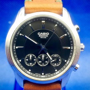 Vintage  Casio BESIDE Chronograph Men’s quartz watch. Nice with new Hand-Made leather watch band.