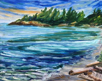 May include: A painting of a seascape with a small island covered in green trees in the background. The foreground shows a sandy beach with driftwood and blue water with whitecaps.