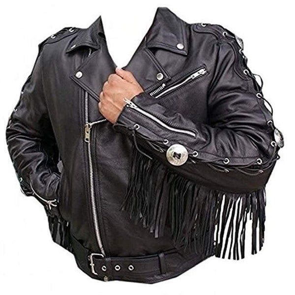 Bestzo Herren Handgemachte Cowboy Western Style Biker Fransen Jacke Echtleder Schwarz