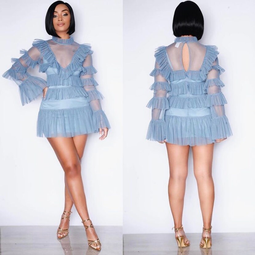 Blue Sheer Sleeve Ruffle Dress - Etsy 