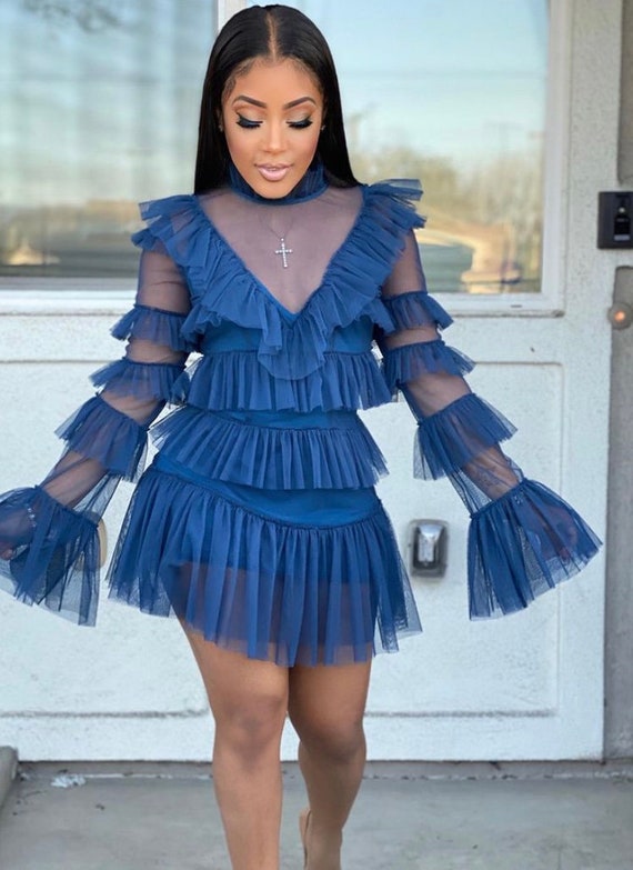 Blue Sheer Sleeve Ruffle Dress - Etsy