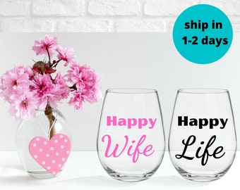 personalize wine glass set , Personalized stemless Wine Glass, custom wine glasses , wine glasses Set , Happy Wife, Happy Life