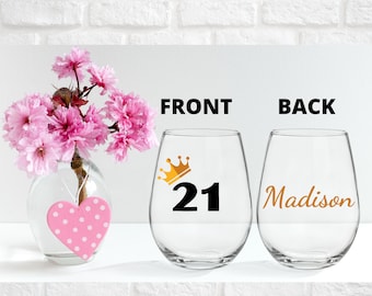 Bicchiere da vino personalizzato per il 21° compleanno, con decorazione in vinile.