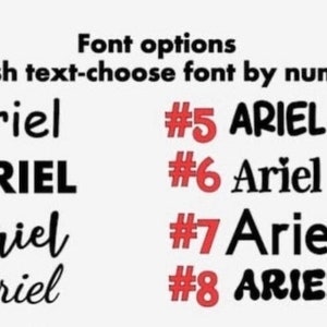 May include: Image displaying font options for English text, labeled with numbers. The word "Ariel" is shown in various fonts, including bold, cursive, and all caps. The text "Font options" and "English text-choose font by number" are also visible.