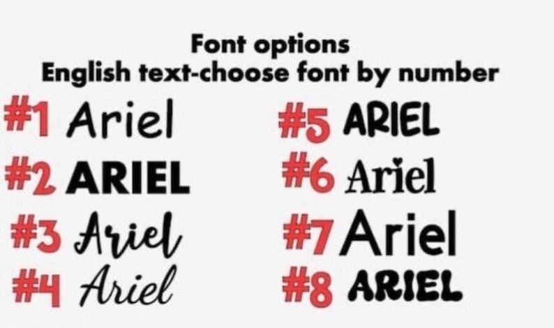 May include: Image displaying font options for English text, labeled with numbers. The word "Ariel" is shown in various fonts, including bold, cursive, and all caps. The text "Font options" and "English text-choose font by number" are also visible.