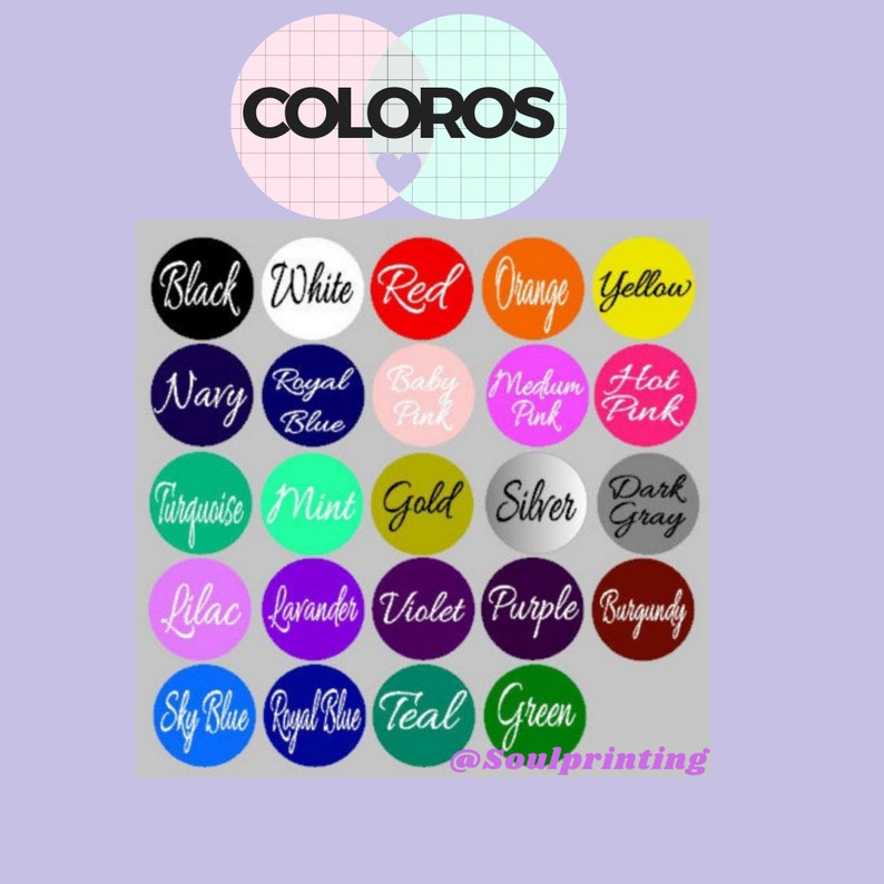 May include: A graphic featuring a color palette with various color names in white text on colored circles. Colors include black, white, red, orange, yellow, navy, royal blue, baby pink, medium pink, hot pink, turquoise, mint, gold, silver, dark gray, lilac, lavender, violet, purple, burgundy, sky blue, teal, and green.