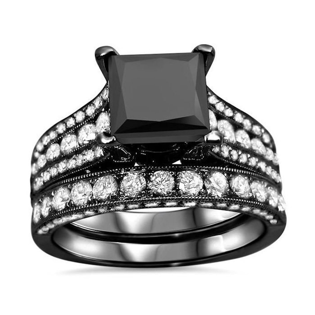 4.35 CT Black Princess Cut Diamond Engagement Ring Wedding Set 18k