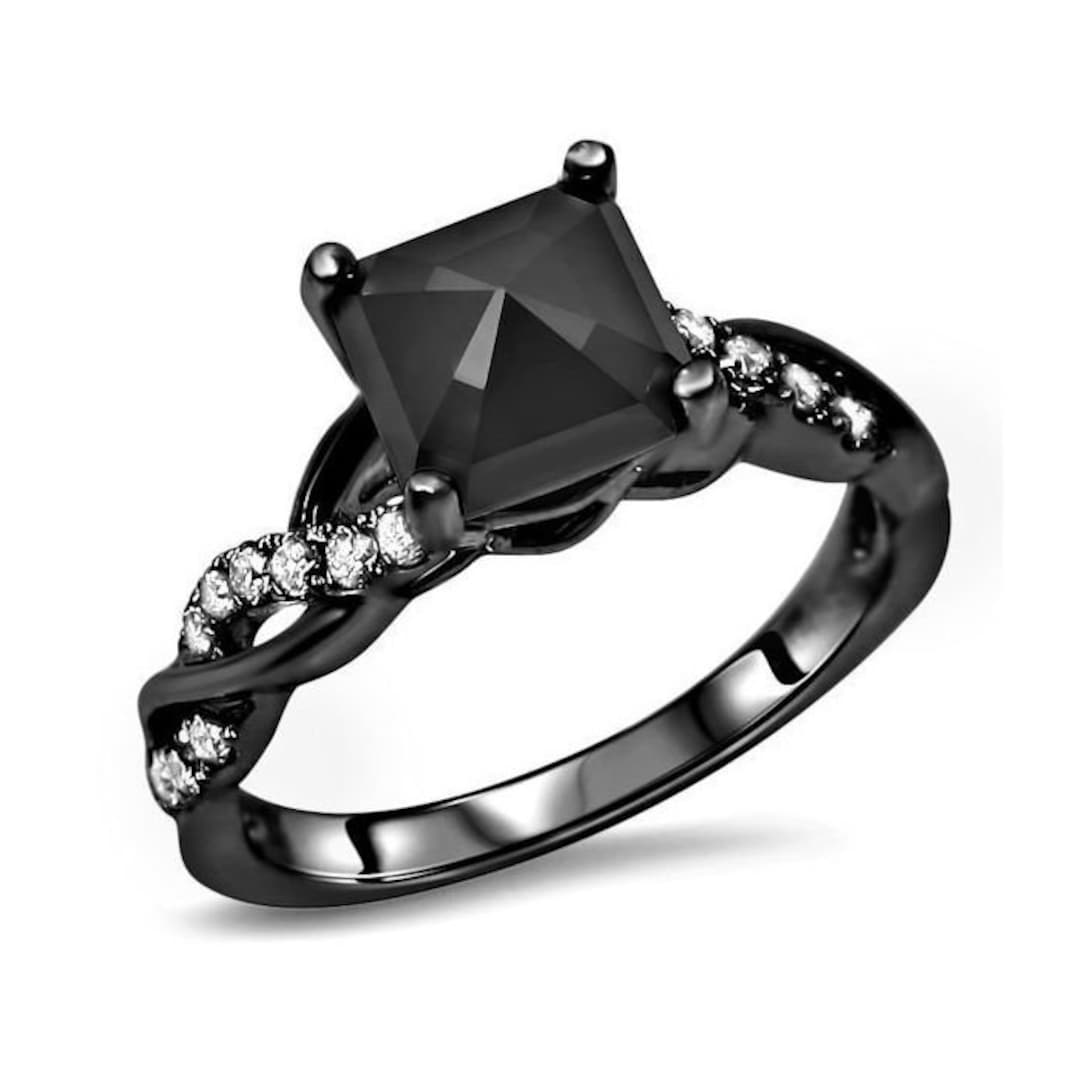 1.45 CT Black Diamond Princess Cut Engagement Ring Bridal Set 14k Black