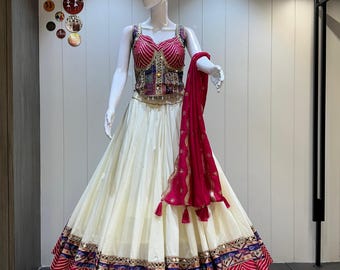 Multi Chaniya Choli para Navratri Patola Lehenga, 3 piezas, confeccionado, garba Lehenga, atuendo para festival, Gamthi Work Garba Night lehenga listo para usar