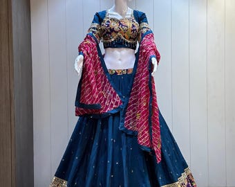 Diseñadora Chaniya Choli para Navratri Patola Lehenga 3 piezas Readymade garba Lehenga Festival outfit Gamthi Work Garba Night lehenga ready 2 wear