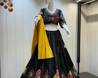 Chaniya Choli de color negro para Navratri Patola Lehenga, 3 piezas, confeccionada, garba Lehenga, atuendo para festival, Gamthi Work Garba lehenga lista para usar