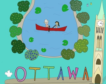 Ottawa personalized digital illustration, Ottawa city digital art, Canada canoeing, You in Ottawa, Ottawa parliament illustration