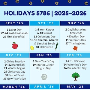 Jewish Calendar Magnet, Jewish American Calendar magnet, Jewish Holiday magnet, Jewish Holiday calendar - Classic Design