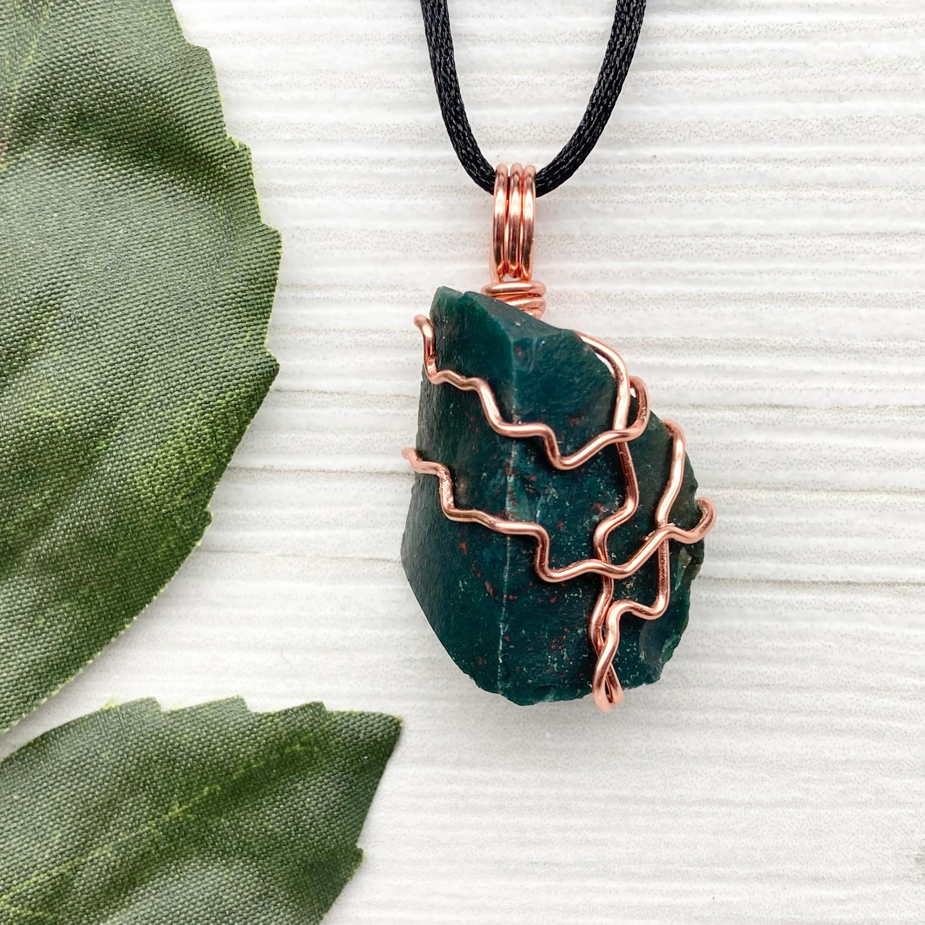 Bloodstone Necklace, Raw Green Crystal Pendant, Copper Wire Wrap, Aries Zodiac Jewelry