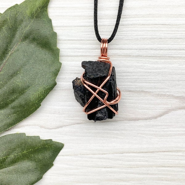 Black Tourmaline Necklace, Natural Raw Crystal, Copper Wire Wrapped, Tourmaline Pendant, Spiritual Jewelry