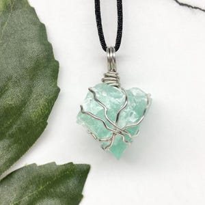 Green Fluorite Necklace, Silver Wire Wrapped Crystal, Raw Natural Stone Pendant, New Age Jewelry