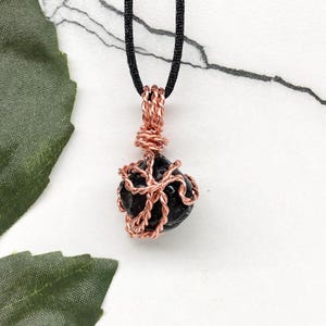 Apache Tear Necklace, Black Crystal Pendant, Copper Wire Wrapped, Scorpio Jewelry