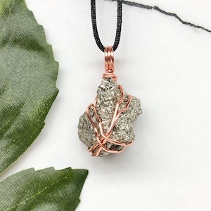 Pyrite Necklace, Raw Stone Pendant, Copper Wire Wrapped, Taurus Gold Crystal, New Age Jewelry