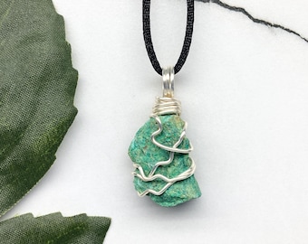 Raw Chrysocolla Necklace, Silver Wire Wrapped Crystal Pendant, New Age Jewelry