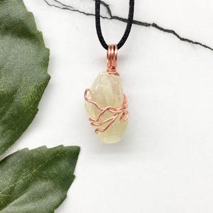 Green Calcite Necklace, Copper Wire Wrap, Raw Calcite Pendant, Cancer Virgo Zodiac, Heart Chakra Jewelry