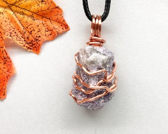 Lepidolite Necklace, Raw Crystal Pendant, Copper Wire Wrapped Stone, Libra Jewelry