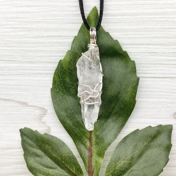 Raw Clear Quartz Necklace, Silver Copper Wrapped Crystal, Real Quartz Pendant, Eclectic Jewelry