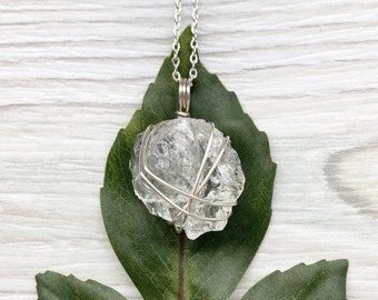 Clear Quartz Necklace, Sterling Silver Wire Wrapped Stone, Raw Quartz Pendant, Silver Plated Chain, Spiritual Jewelry