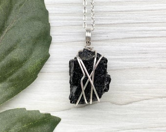 Black Tourmaline Necklace, Sterling Silver Wire Wrapped, Silver Plated Chain, Raw Black Crystal, Tourmaline Pendant