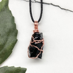 Black Obsidian Necklace, Copper Wire Wrap Stone, Raw Natural Crystal, Obsidian Pendant, Spiritual Jewelry