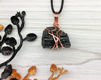 Black Tourmaline Necklace, Raw Black Crystal, Copper Wire Wrapped, Capricorn Gift, Tourmaline Pendant