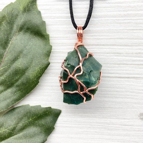 Bloodstone Necklace Copper Wire Wrapped, Raw Green Crystal