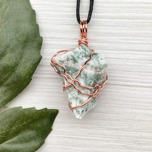Chunky Tree Agate Necklace, Copper Wrapped Raw Crystal Pendant