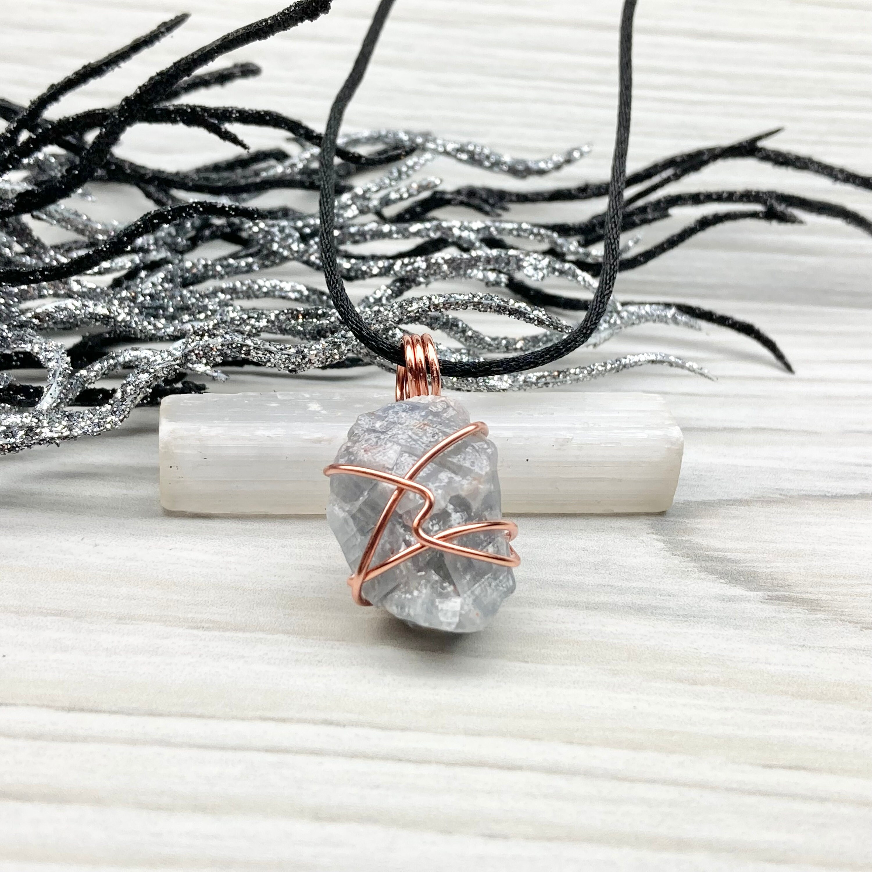 Blue Calcite Necklace, Copper Wrapped Raw Crystal Pendant – solsticewaves