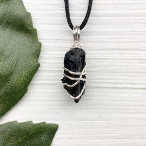 Black Tourmaline Necklace, Raw Natural Crystal, Silver Copper Wire Wrapped Pendant, Handmade Spiritual Jewelry, Unisex Gift
