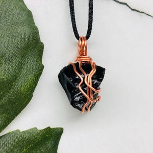 Black Obsidian Wire Wrap Necklace, Raw Crystal Pendant, Copper Jewelry, Root Chakra Stone