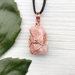 Pink Calcite Necklace, Raw Natural Pink Crystal, Copper Wire Wrapped Stone, Calcite Pendant, Heart Chakra Jewelry