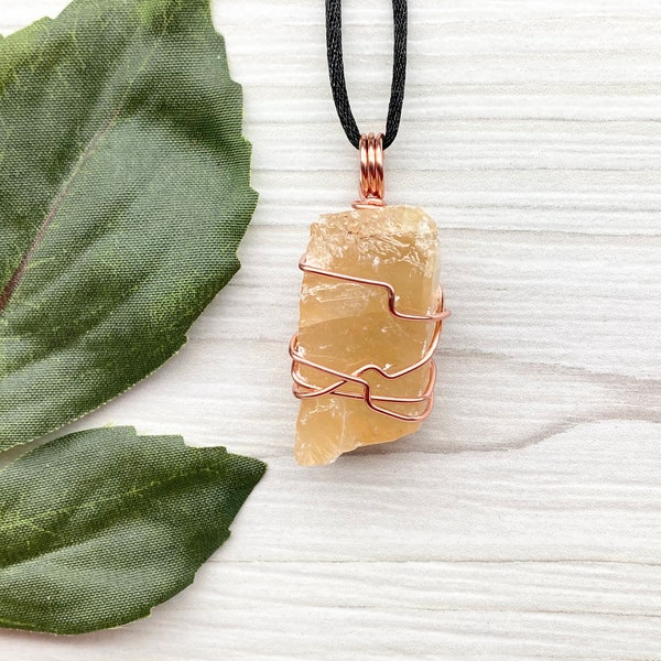 Raw Honey Calcite Necklace, Natural Crystal Pendant, Copper Wire Wrap, Calcite Jewelry