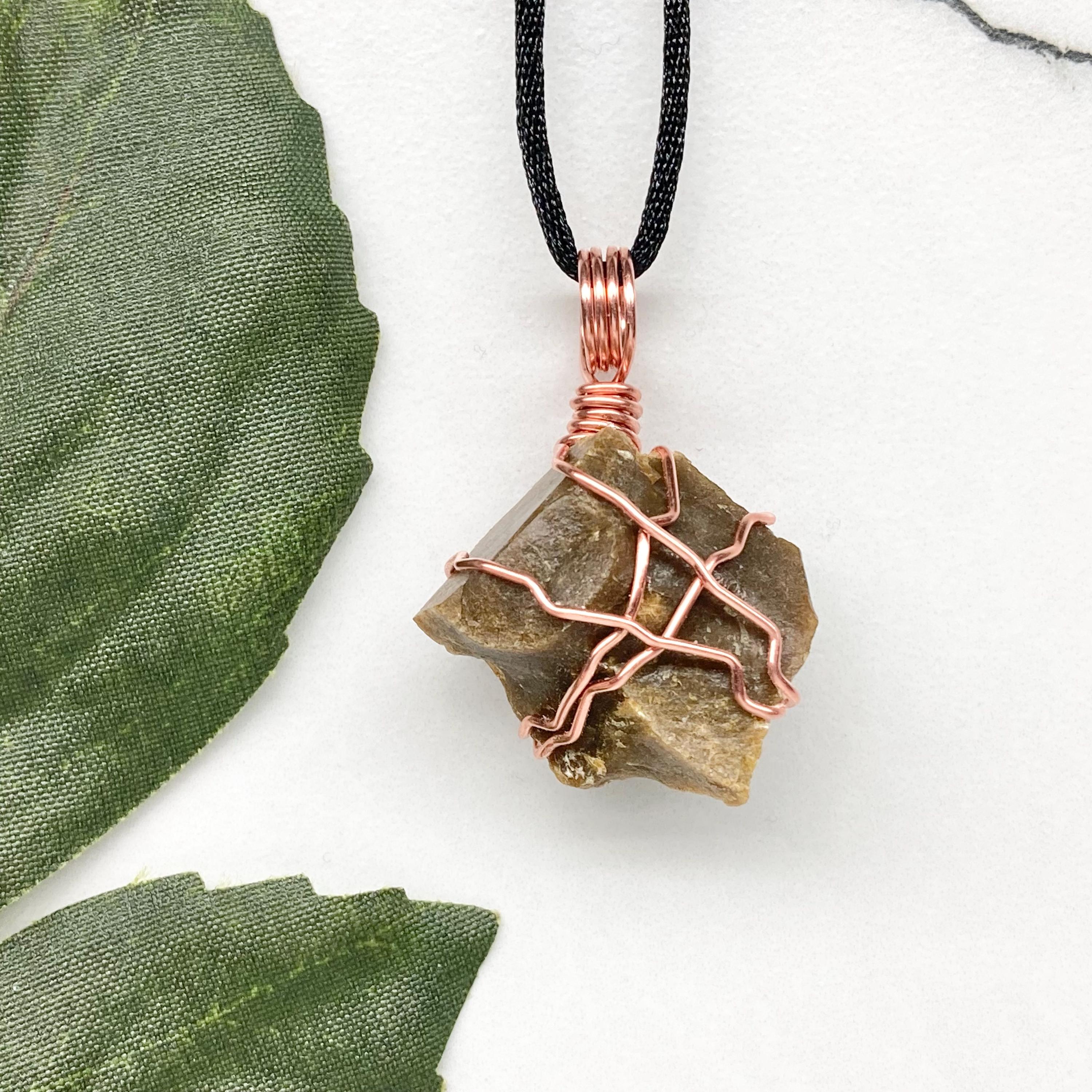 Green Opal Necklace, Raw Crystal Pendant, Copper Wire Wrap, Green Natural Stone, Heart Chakra Jewelry