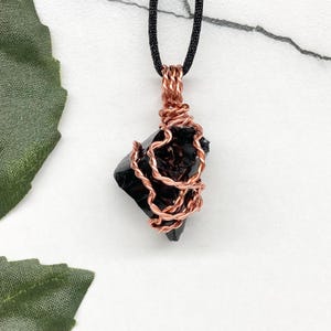 Black Obsidian Necklace, Copper Wire Wrapped, Raw Black Crystal Pendant, Spiritual Jewelry