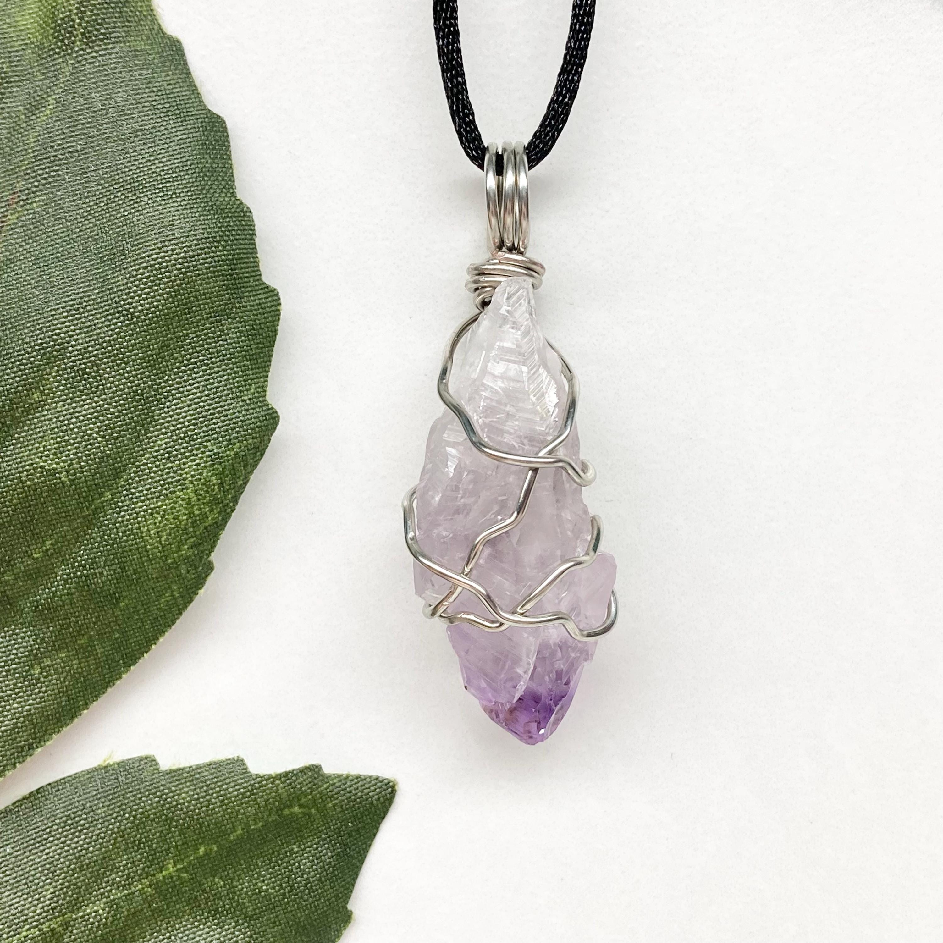 Amethyst Tip Quartz Necklace, Silver Copper Wrapped Natural Crystal Pendant, Clear And Purple Stone, Handmade Spiritual Gift