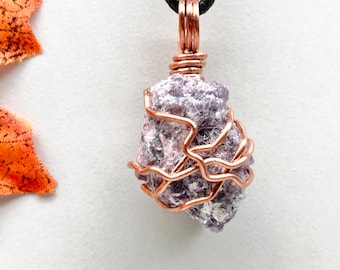 Raw Lepidolite Necklace, Copper Wrapped Crystal, Natural Stone Pendant, Crown Chakra Jewelry, Wiccan Gift