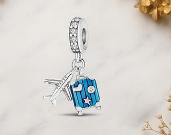 Airplane & Suitcase Dangle Genuine 925 Sterling Silver for Charm Bracelet