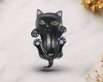 Black Cartoon Cat Genuine 925 Sterling Silver for Charm Bracelet