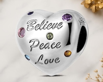 Peace and Love Heart Genuine 925 Sterling Silver for Charm Bracelet