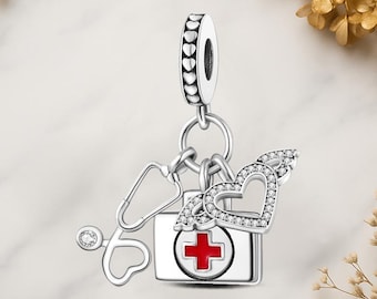 Stethoscope and First Aid Kit Genuine 925 Sterling Silver for Charm Bracelet