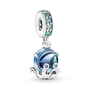 Round Blue Glass Octopus Jellyfish Dangling Ocean Beach Genuine 925 Sterling Silver for Charm Bracelet