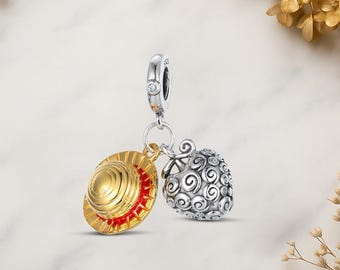 Straw Hat and Burning Fruit Character Genuine 925 Sterling Silver for Charm Bracelet