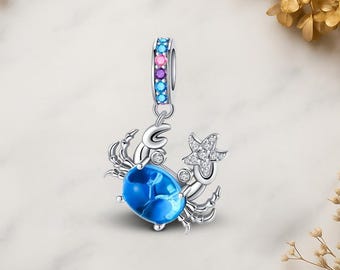 Blue Crab Starfish Dangle Genuine 925 Sterling Silver for Charm Bracelet